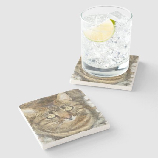 Cute Tabby die op potloodschets kijkt Stenen Onderzetter (Zijkant)