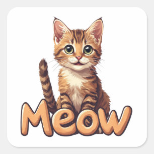 Cute Tabby Kat Portret Met Meow Tekst Voor Plezier Vierkante Sticker