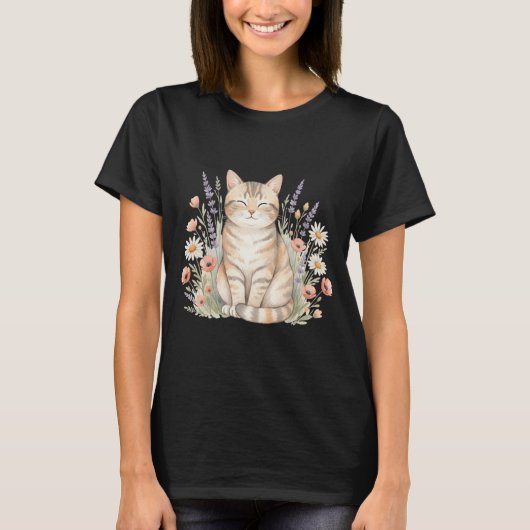 Cute Tabby Kat Whimsical Bloem Waterverf T-shirt (Voorkant)