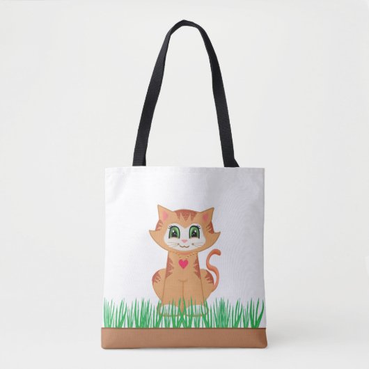 Cute Tabby Kitty Cat & Grass Planten Tote Bag (Voorkant)