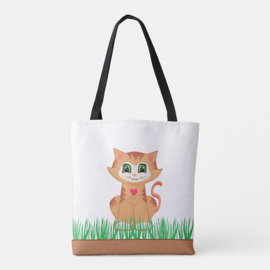 Cute Tabby Kitty Cat & Grass Planten Tote Bag (Achterkant)