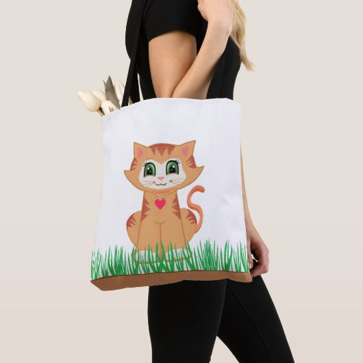 Cute Tabby Kitty Cat & Grass Planten Tote Bag (Dichtbij)