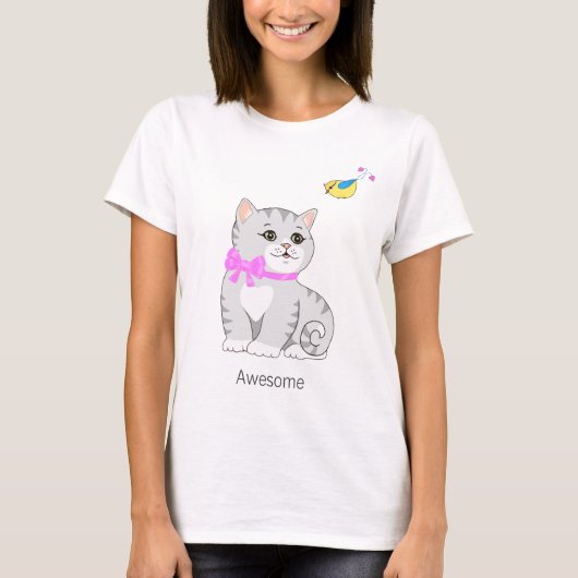 Cute Tabby Kitty Cat & Little Bird T-shirt (Voorkant)
