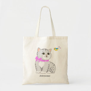 Cute Tabby Kitty Cat & Little Bird Tote Bag