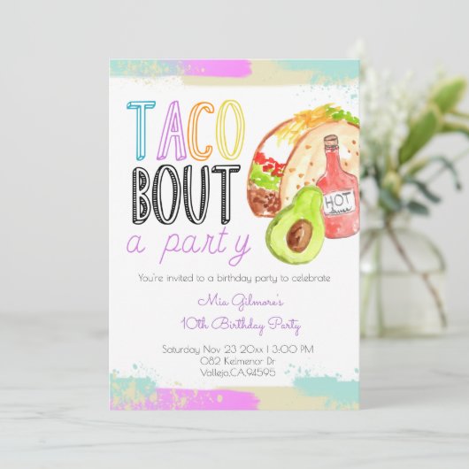 Cute taco thema feista kind verjaardagsuitnodiging kaart (Staand voorkant)