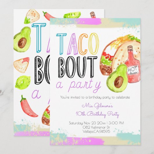 Cute taco thema feista kind verjaardagsuitnodiging kaart (Voorkant / Achterkant)