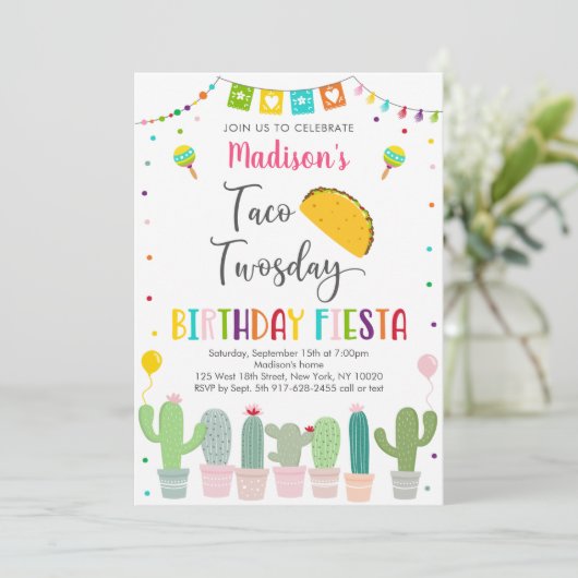 Cute Taco Twosday Fiesta Cactus Birthday Kaart (Staand voorkant)