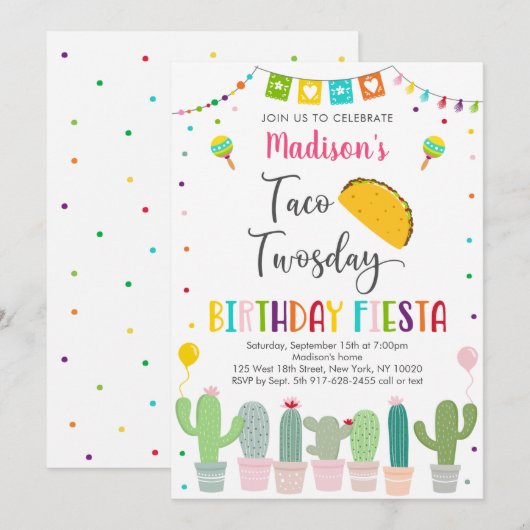 Cute Taco Twosday Fiesta Cactus Birthday Kaart (Voorkant / Achterkant)
