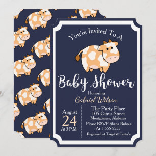 Cute Tan Baby Cow Calf & Dark Blue Baby shower Kaart