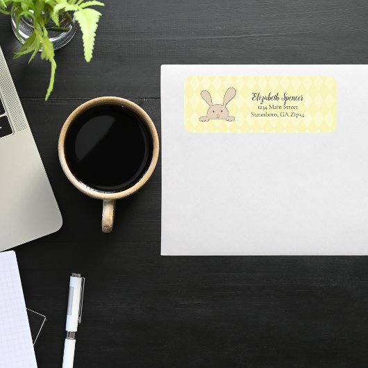 Cute Tan Bunny Rabbit Return Address Yellow Argyle Etiket