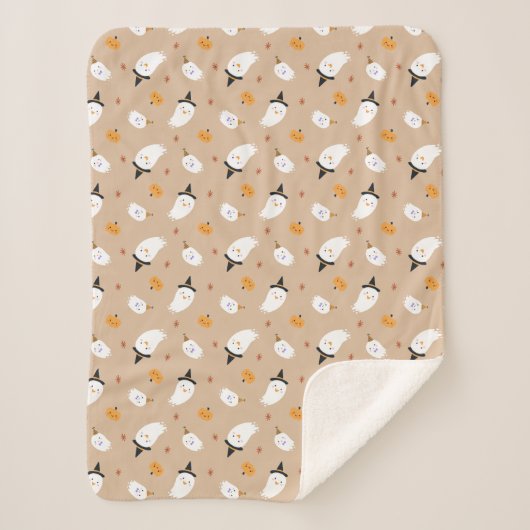 Cute Tan Ghost en Pumpkin Sherpa Blanket Deken (Voorkant)