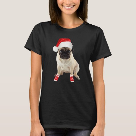 Cute Tan Pug Puppy Santa Hat Socks Image Christmas T-shirt (Voorkant)
