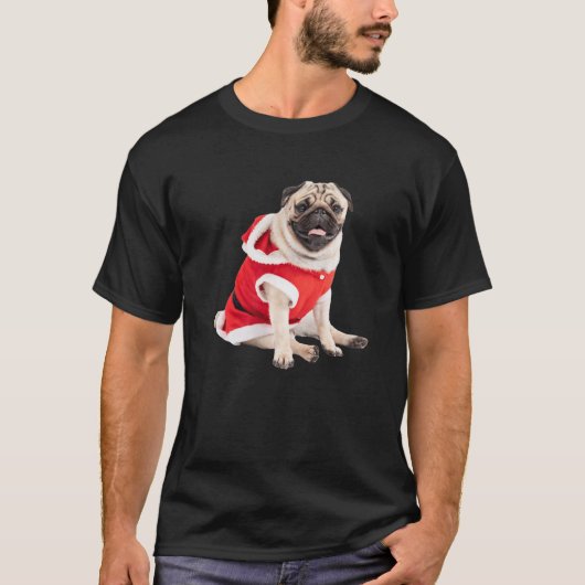Cute Tan Pug Santa Hat Costume Image Christmas Dog T-shirt (Voorkant)