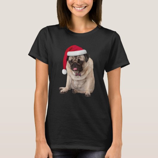 Cute Tan Pug Santa Hat Pset Bowtie Afbeelding Chri T-shirt (Voorkant)