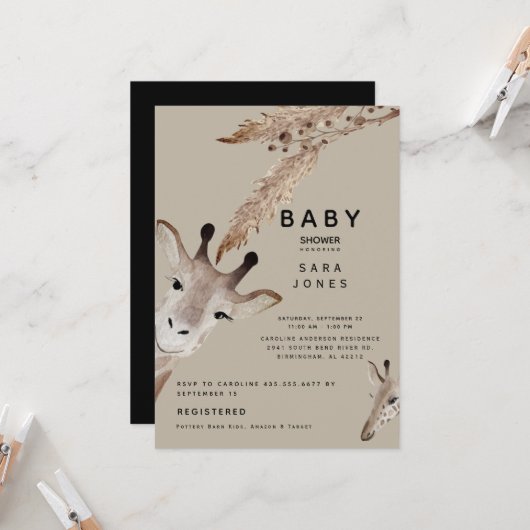Cute Tan Waterverf Giraffe Pampas Baby shower Kaart (Voorkant / Achterkant in situ)