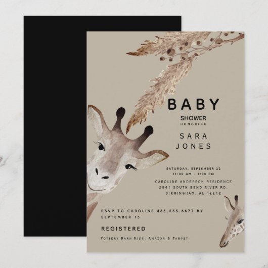 Cute Tan Waterverf Giraffe Pampas Baby shower Kaart (Voorkant / Achterkant)