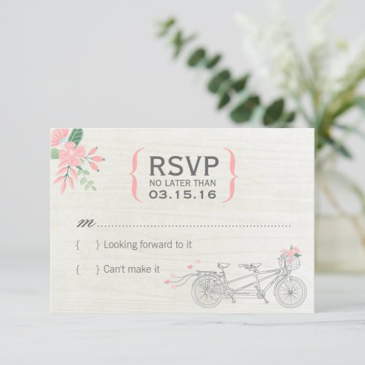 Cute Tandem Bicycle RSVP-kaarten met bloemen RSVP Kaartje (Staand voorkant)