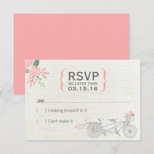 Cute Tandem Bicycle RSVP-kaarten met bloemen RSVP Kaartje (Voorkant / Achterkant)