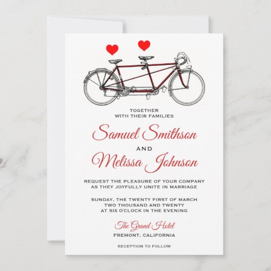 cute Tandem Bicycle Wedding Uitnodiging (Voorkant)