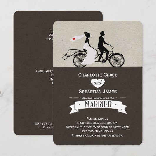 Cute Tandem Bike Bride and Groom Wedding Kaart (Voorkant / Achterkant)