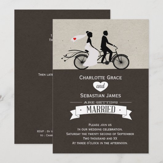 Cute Tandem Bike Bride and Groom Wedding Kaart (Voorkant / Achterkant)