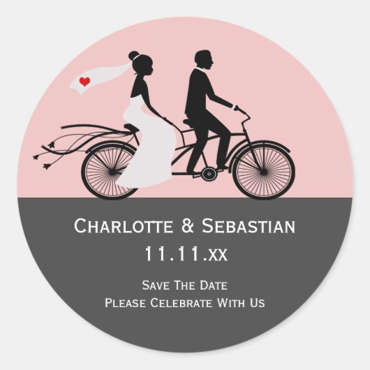 Cute Tandem Bike Bride and Groom Wedding Ronde Sticker (Voorkant)