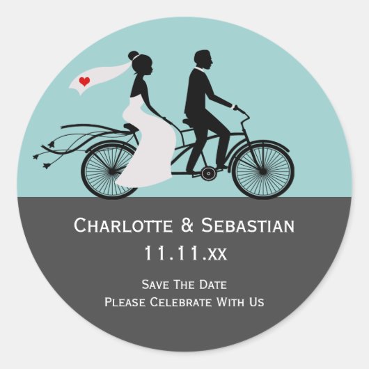 Cute Tandem Bike Bride and Groom Wedding Ronde Sticker (Voorkant)
