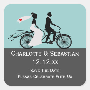 Cute Tandem Bike Bride and Groom Wedding Vierkante Sticker