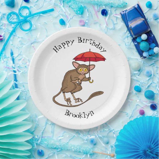 Cute Tarsier met paraplu cartoon illustratie Papieren Bordje (Feest)