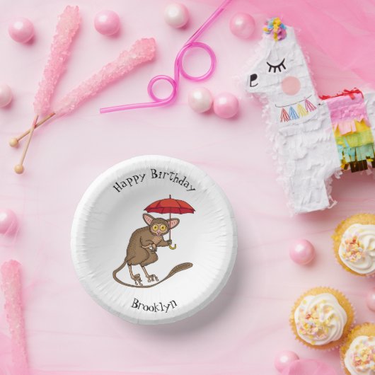 Cute Tarsier met paraplu cartoon illustratie Papieren Kommen (Feest)