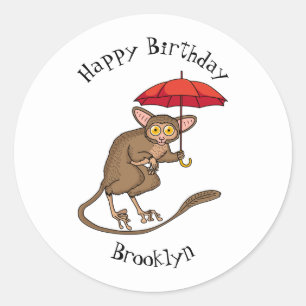 Cute Tarsier met paraplu cartoon illustratie Ronde Sticker