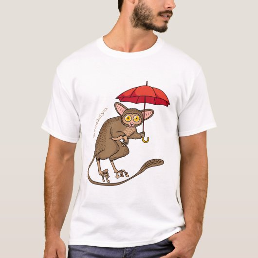 Cute Tarsier met paraplu cartoon illustratie T-shirt (Voorkant)