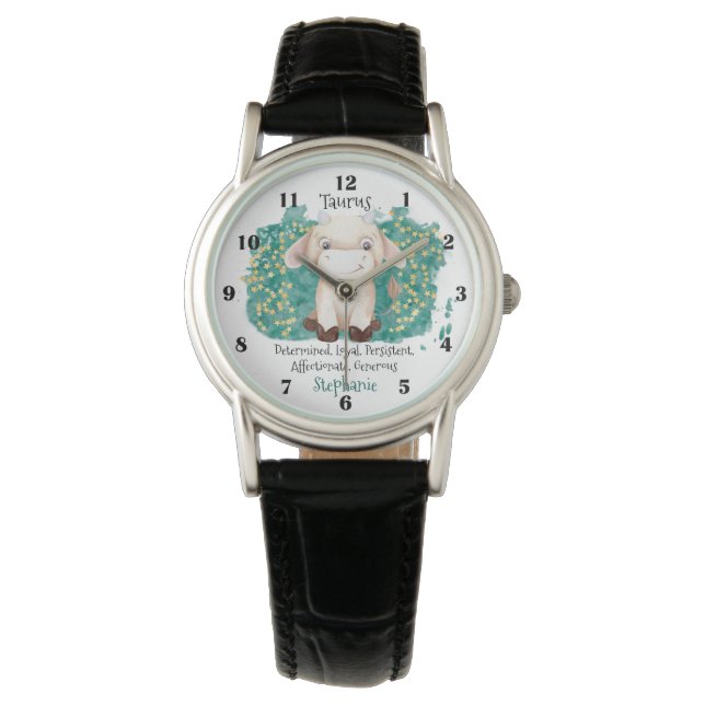 Cute Taurus Bull Waterverf Zodiac Personalized Horloge (Voorkant)