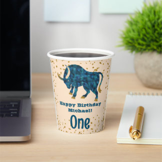 Cute Taurus First Birthday & Gold Confetti Papieren Bekers