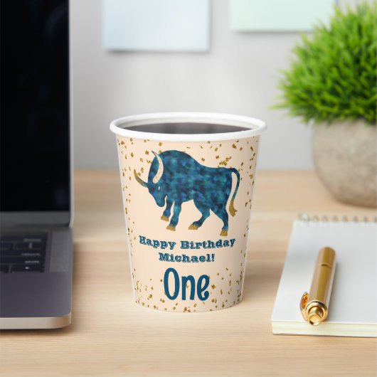 Cute Taurus First Birthday & Gold Confetti Papieren Bekers (Insitu)