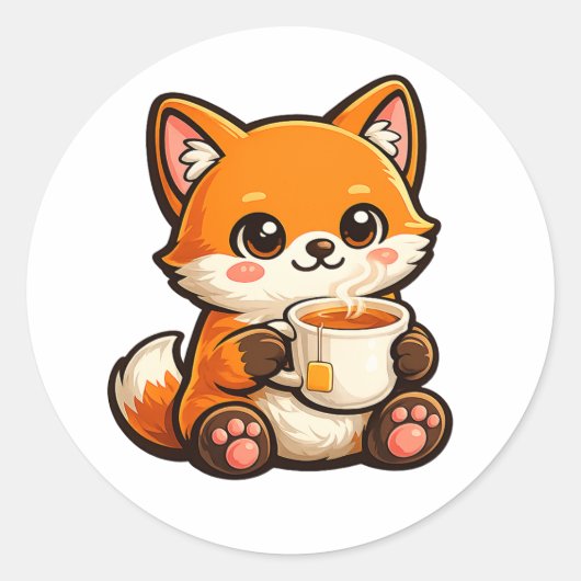 Cute Tea Fox Illustration – Cozy Fox Drinking Tea Ronde Sticker (Voorkant)