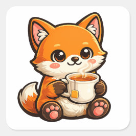 Cute Tea Fox Illustration – Cozy Fox Drinking Tea Vierkante Sticker