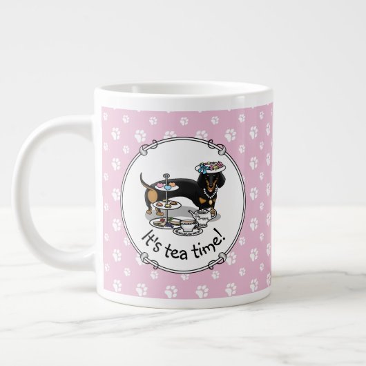 Cute Tea Party Dachshund Dog (zwart & tan) Funny Grote Koffiekop (Links)