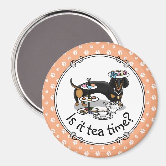 Cute Tea Party Dachshund Dog (zwart & tan) Funny Magneet (Voorkant / Achterkant)