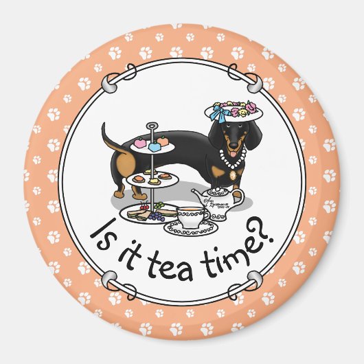 Cute Tea Party Dachshund Dog (zwart & tan) Funny Magneet (Voorkant)