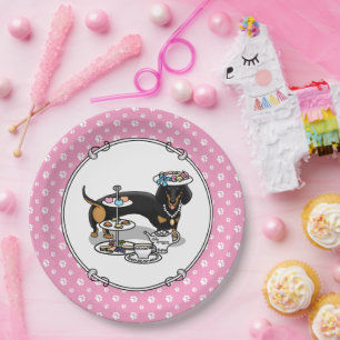 Cute Tea Party Dachshund Dog (zwart & tan) Funny Papieren Bordje
