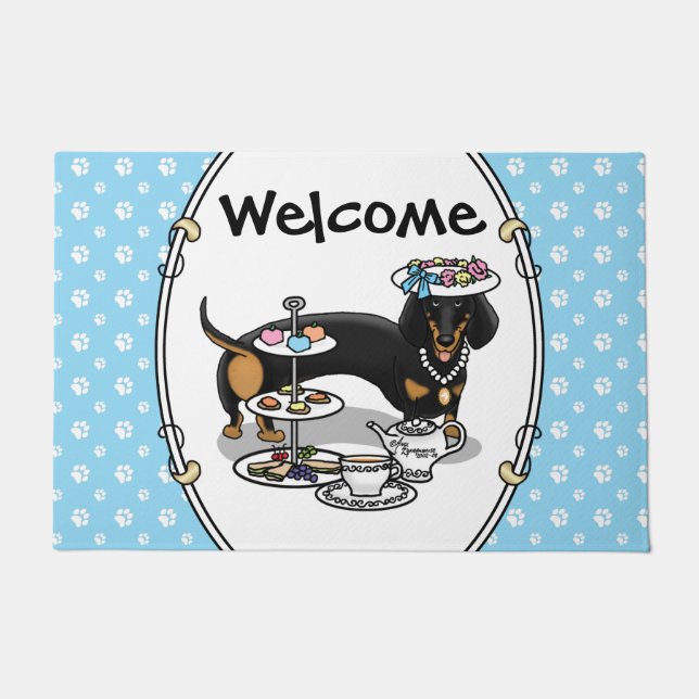 Cute Tea Party Dachshund (zwart & tan) Funny Dog Deurmat (Voorkant)