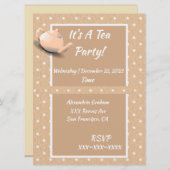 Cute Tea Party Invitation beige Polka Dot Teapot Kaart (Voorkant / Achterkant)