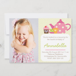 Cute Tea Party Kinder Photo Birthday Invitation Kaart
