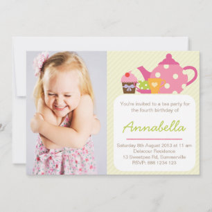 Cute Tea Party Kinder Photo Birthday Invitation Kaart