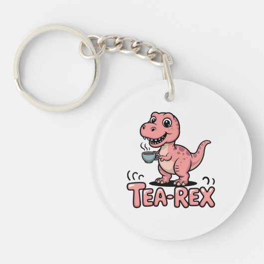 Cute Tea-Rex Pink Dinosaur – Sip Happens! Sleutelhanger (Voorkant)
