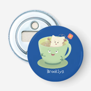 Cute teabag cup cartoon humor button flesopener