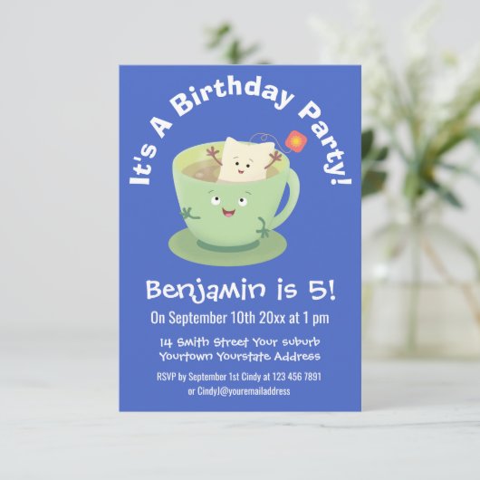 Cute teabag cup cartoon humor kaart (Staand voorkant)