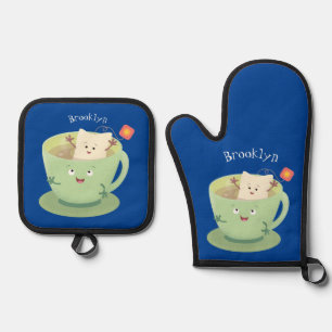 Cute teabag cup cartoon humor ovenwant & pannenlap set