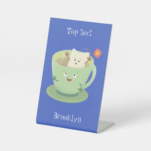 Cute teabag cup cartoon humor reclamebord met voetstuk (Voorkant)